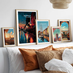 Memphis Tennessee Beale Street Print - Retro Cityscape Poster alongside other cityscape prints on a wall.