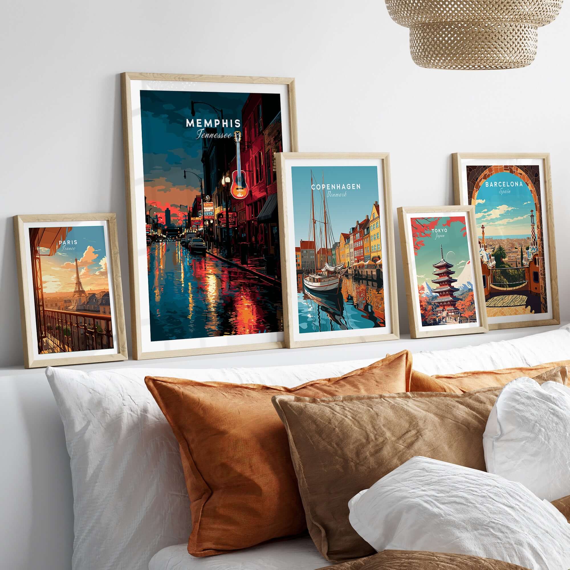 Memphis Tennessee Beale Street Print - Retro Cityscape Poster alongside other cityscape prints on a wall.