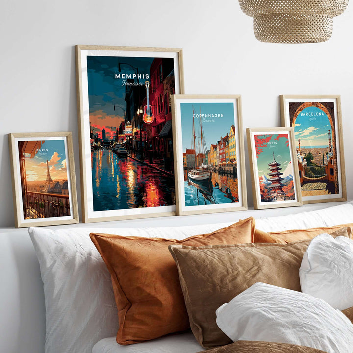 Framed Memphis Tennessee Beale Street retro print among other cityscape posters on a stylish wall display.