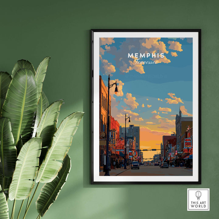 Memphis Tennessee travel poster showcasing a vibrant street scene with historic buildings and a colorful sunset.