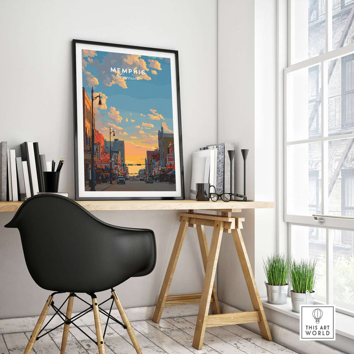 Memphis Tennessee travel poster showcasing street scene and historic buildings, perfect for wall art decor.
