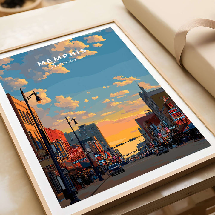 Memphis Tennessee street scene travel poster showcasing iconic buildings and sunset, perfect for wall art lovers.