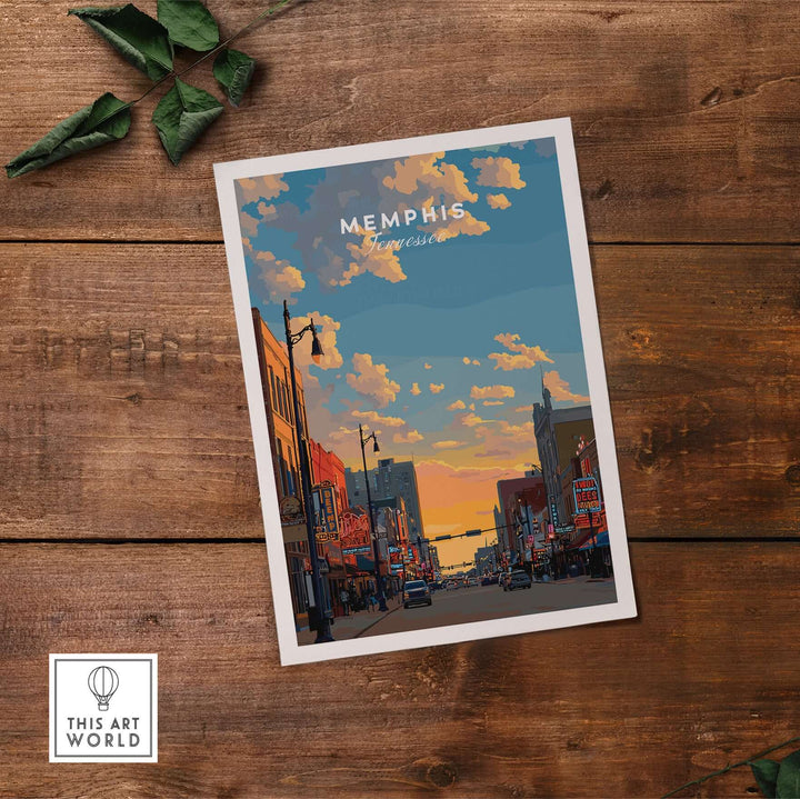 Memphis Tennessee travel poster featuring a vibrant street scene at sunset with historic buildings.