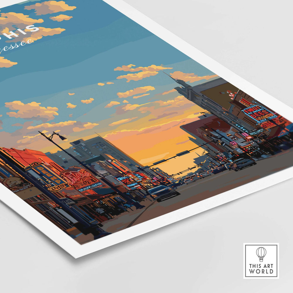 Memphis Tennessee travel poster showcasing a vibrant street scene at sunset, featuring historic buildings and neon signs.