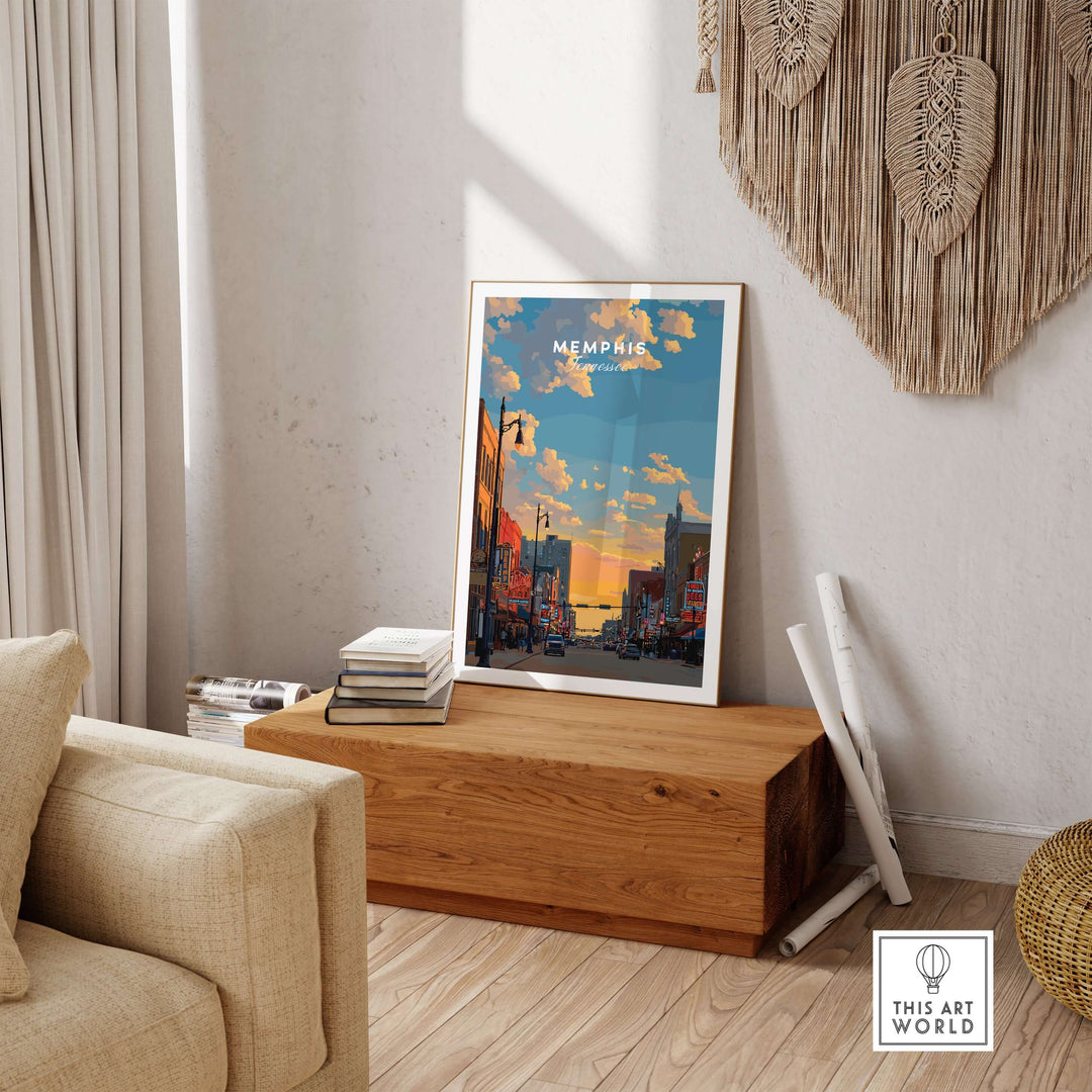 Memphis Tennessee travel poster showcasing a historic street scene, perfect for wall art and home decor.