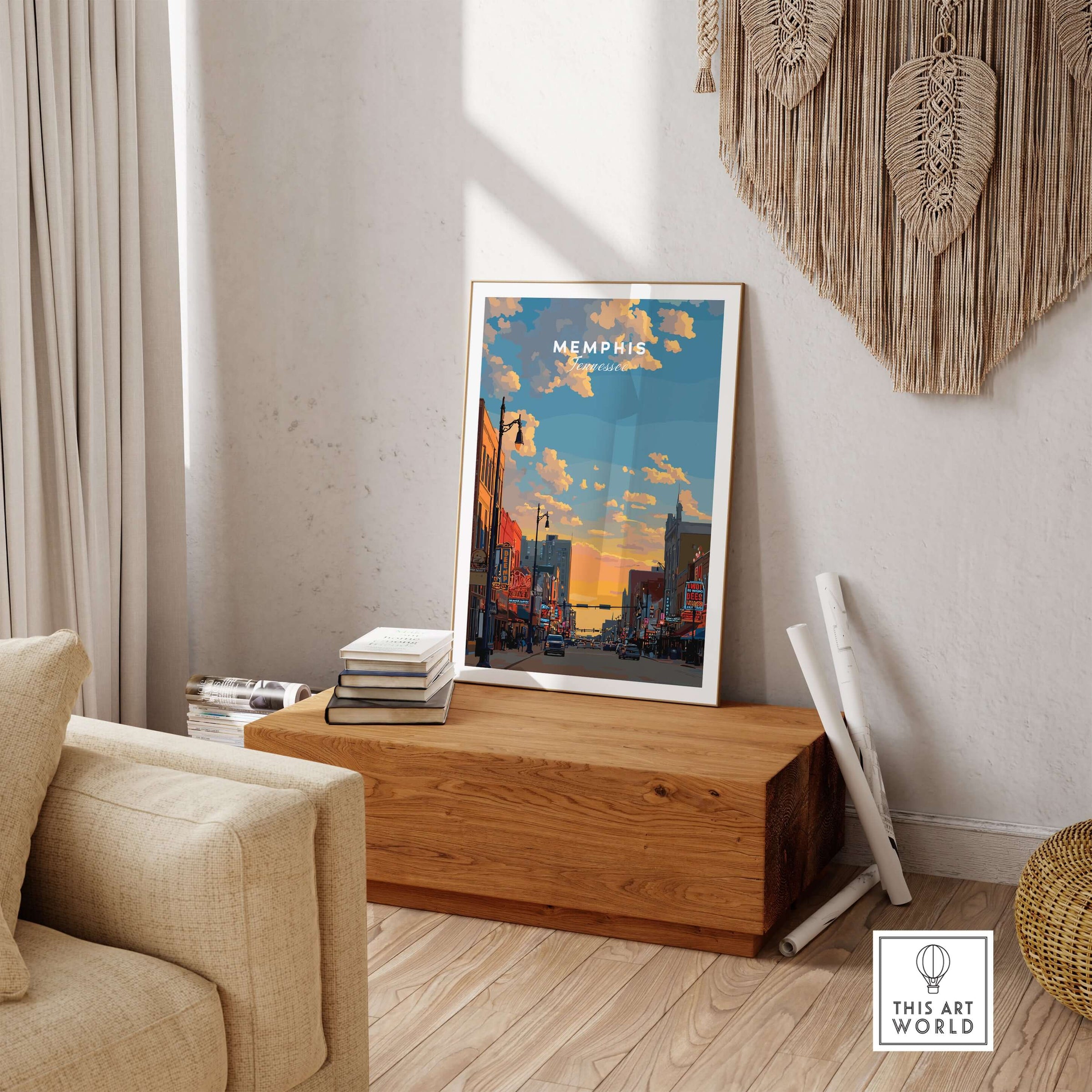 Memphis Tennessee Travel Poster -  Street Scene Wall Art - Historic Building Poster displayed in a modern living room setting.