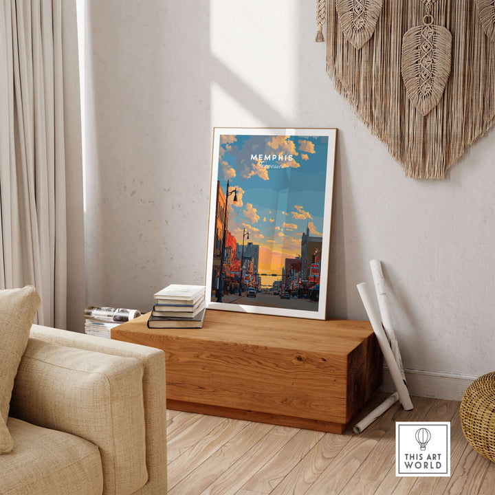 Memphis Tennessee travel poster showcasing a historic street scene, perfect for wall art and home decor.
