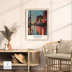 Memphis Tennessee Blues Street Wall Art showcasing a vibrant Beale Street scene with reflections and rich colors.