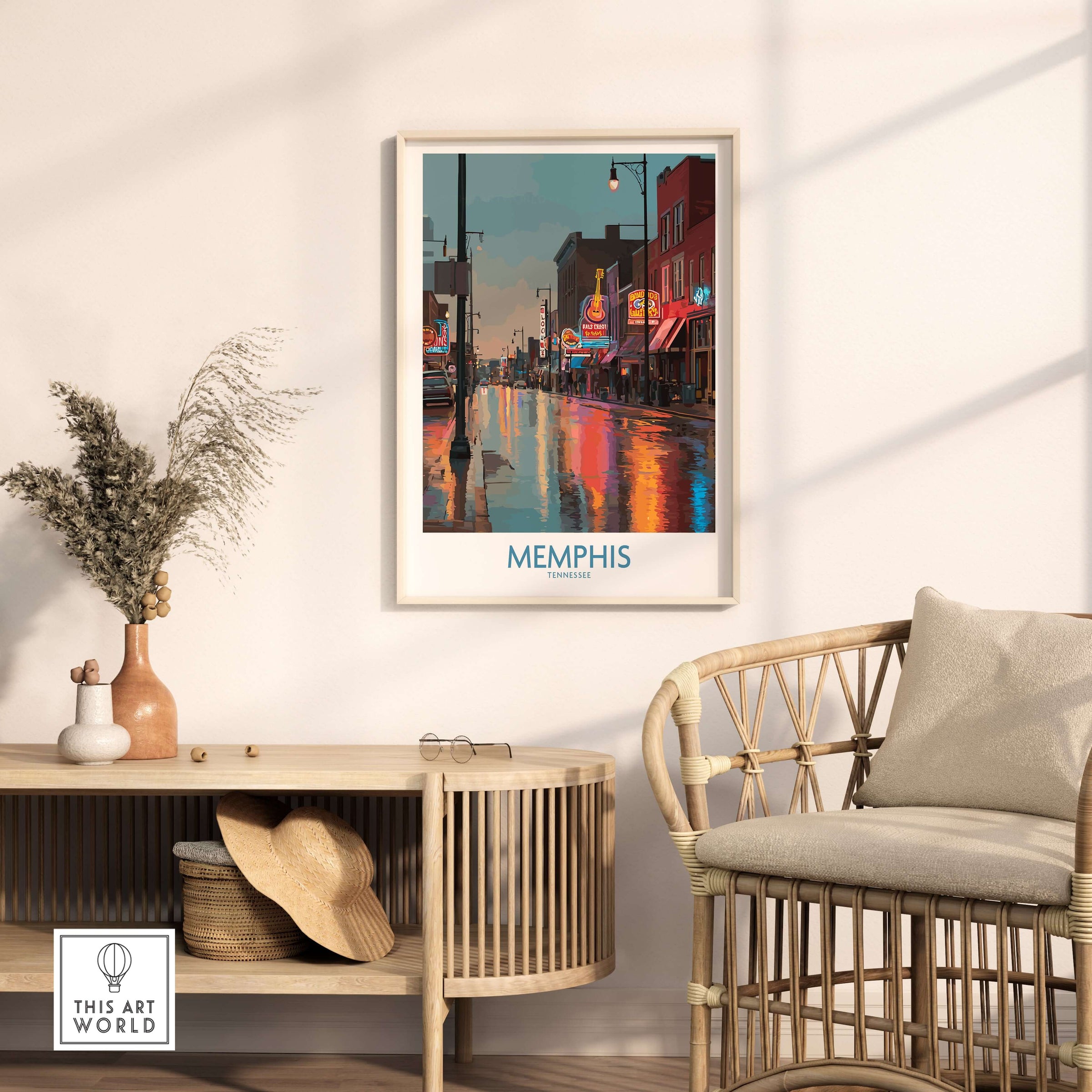 Memphis Tennessee Blues Street Wall Art showcasing a vibrant Beale Street scene with reflections and rich colors.