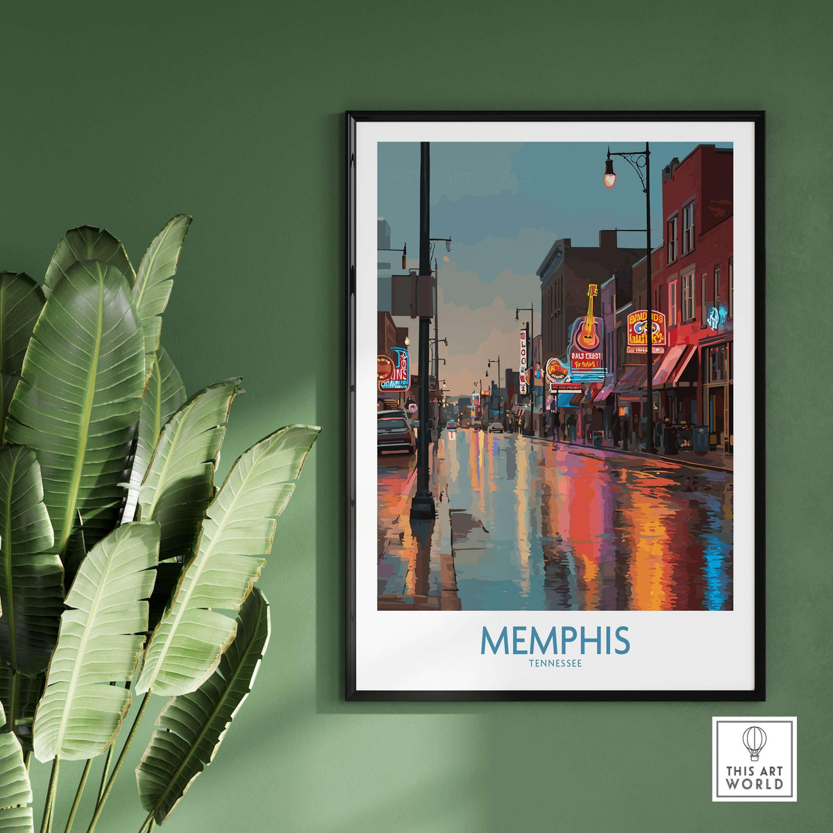 Memphis Tennessee Blues Street Wall Art showcasing a vibrant, rain-soaked Beale Street with neon lights and reflections.