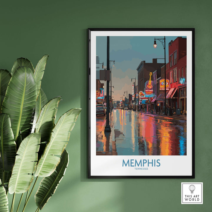 Memphis Tennessee Blues Street Wall Art featuring vibrant neon lights and a rainy street scene.