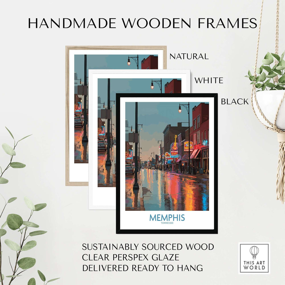 Handmade wooden frames for Memphis Tennessee blues street wall art in natural, white, and black finishes.