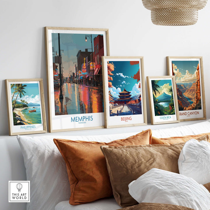 Vibrant wall art collection featuring Memphis, Beijing, Costa Rica, Philippines, and Grand Canyon prints on a cozy sofa.