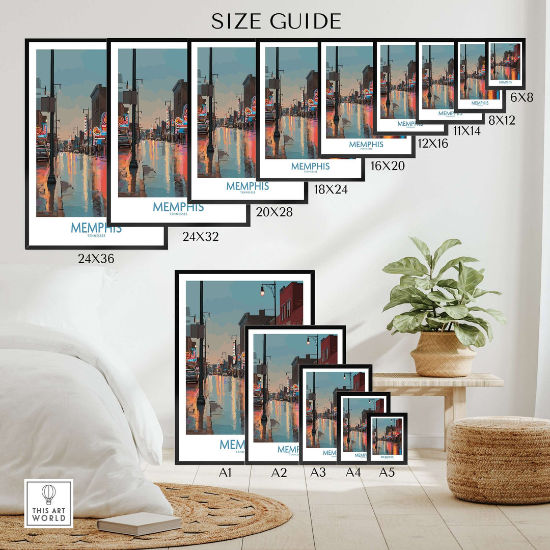 Size guide for Memphis Tennessee Blues Street Wall Art in various sizes displayed in a home setting.