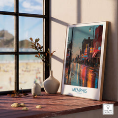Memphis Tennessee Blues Street Wall Art displayed in a stylish setting, showcasing vibrant colors and reflections.
