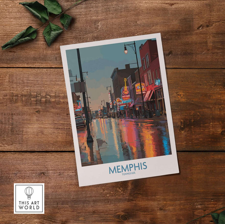 Memphis Tennessee Blues Street Wall Art depicting vibrant Beale Street with reflections, celebrating the city's musical heritage.