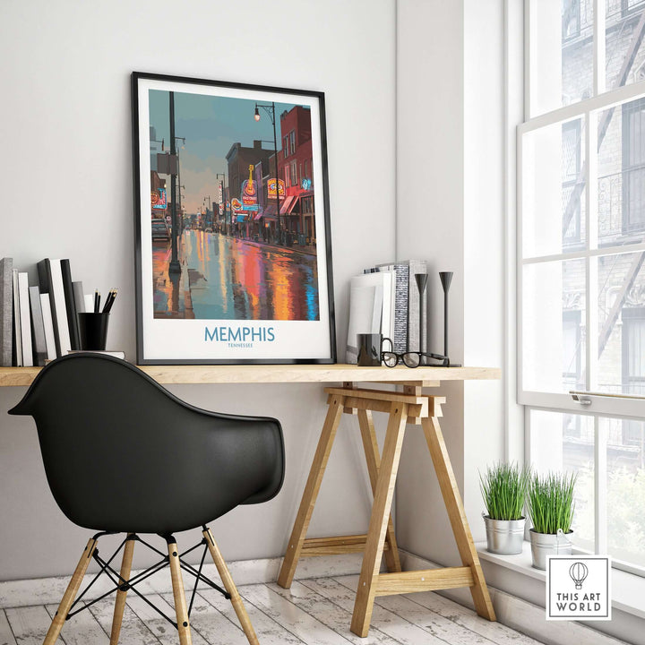 Memphis Tennessee Blues Street Wall Art showcasing vibrant Beale Street scene in a stylish home office setting.