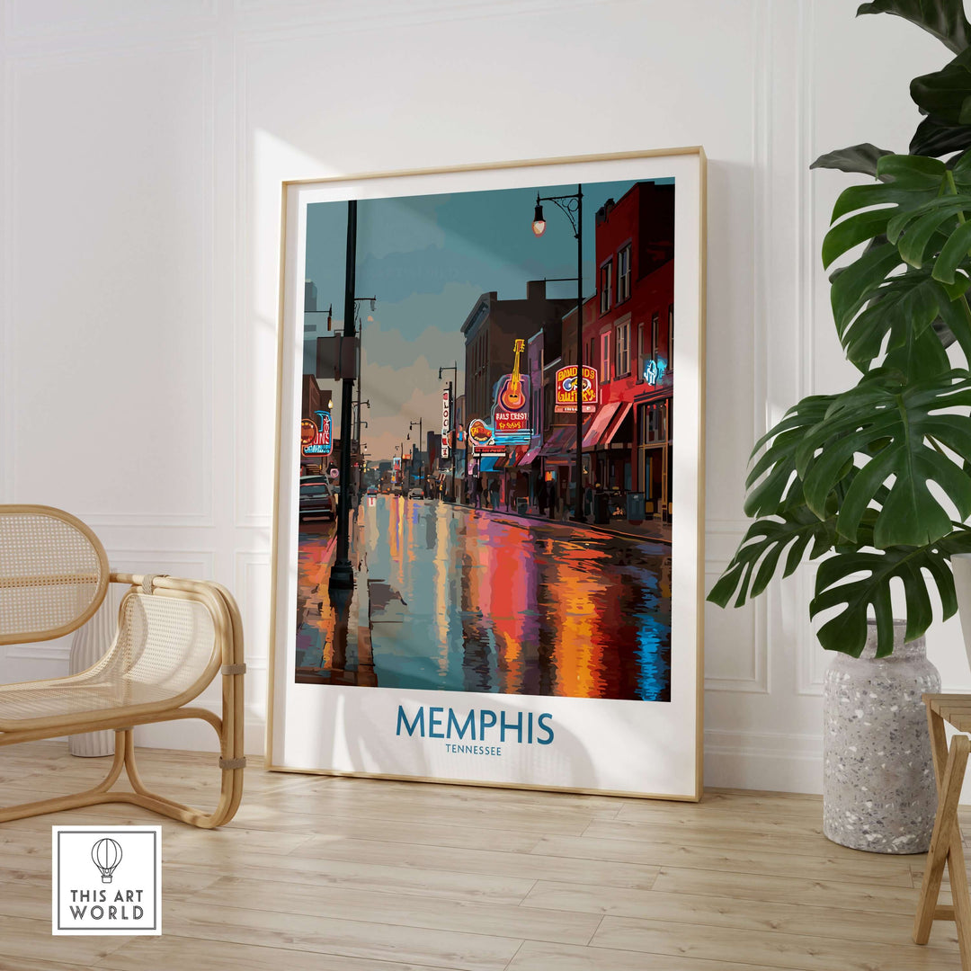 Memphis Tennessee Blues Street Wall Art showcasing vibrant Beale Street after rain, reflecting colorful lights and culture.