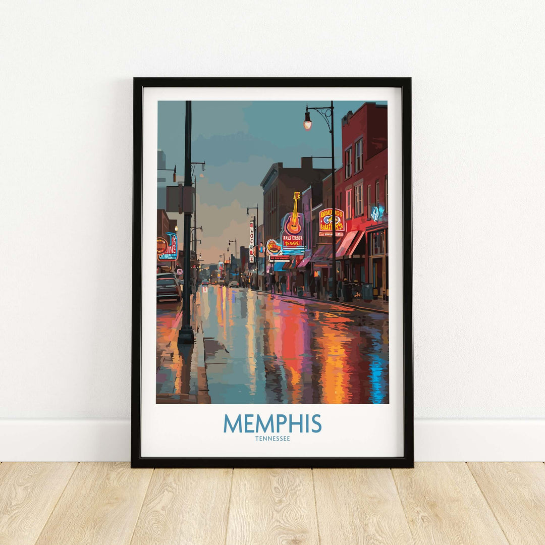 Colorful Memphis Tennessee Blues Street Wall Art featuring vibrant reflections and iconic storefronts.