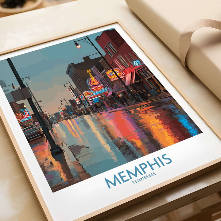Memphis Tennessee Blues Street Wall Art showcasing vibrant reflections and iconic neon lights on Beale Street.