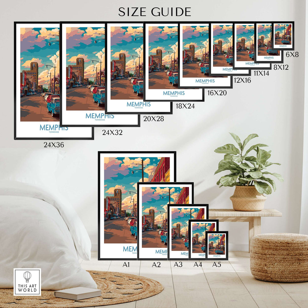 Size guide for Memphis Tennessee Classic Americana Print showcasing various frame sizes.