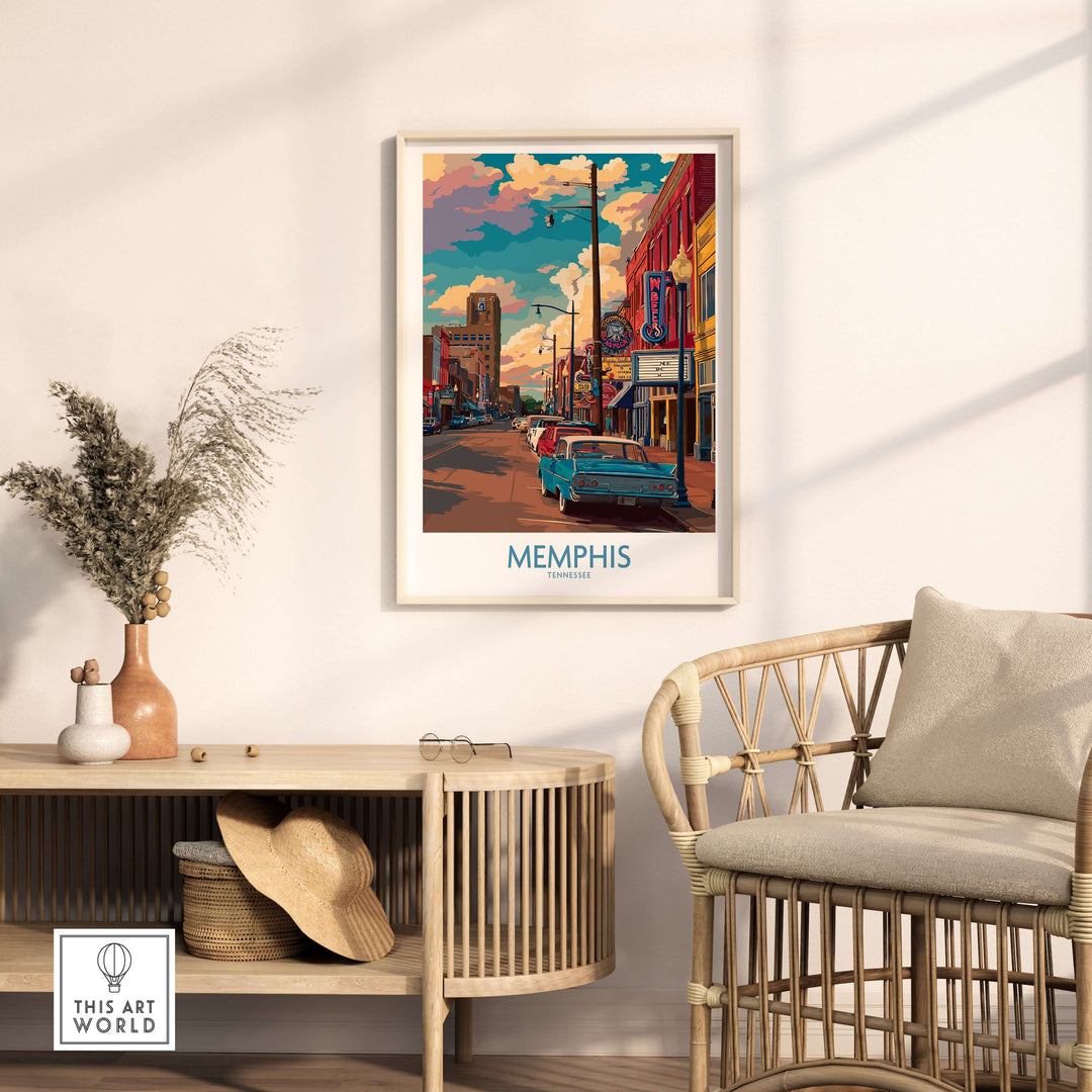 Memphis Tennessee classic Americana print showcasing vibrant street scene and colorful architecture, perfect southern city decor.
