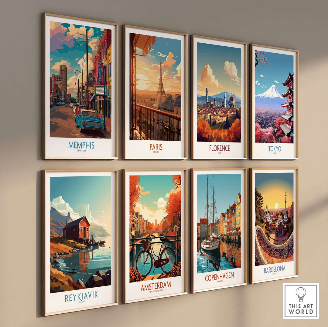 Gallery of vintage city prints featuring Memphis, Paris, Florence, Tokyo, Reykjavik, Amsterdam, Copenhagen, Barcelona.