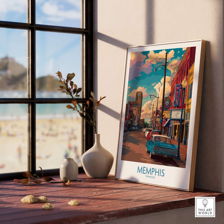 Memphis Tennessee classic Americana print showcasing Southern city charm and vibrant colors on a stylish shelf.