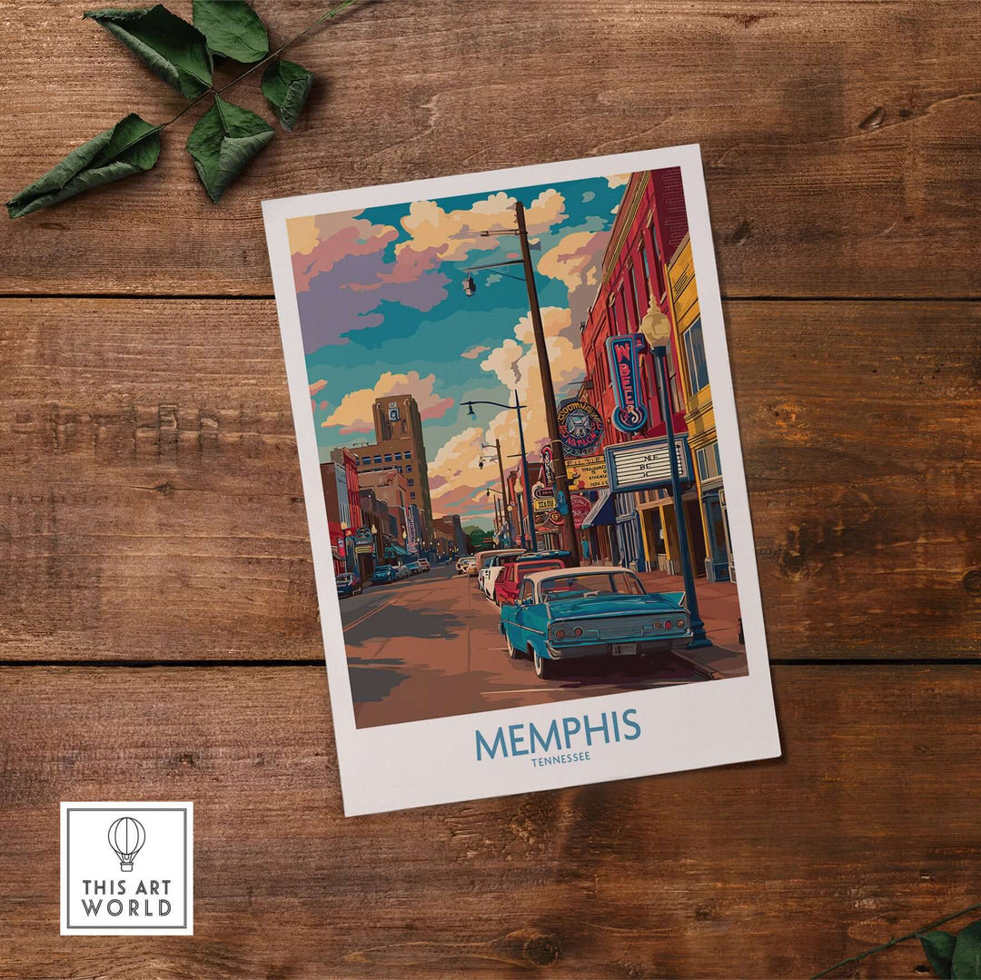 Memphis Tennessee Americana print showcasing vibrant city streets and classic cars, ideal for Southern decor.