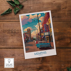 Memphis Tennessee Classic Americana Print - Southern City Decor displayed on a wooden surface with vibrant colors.