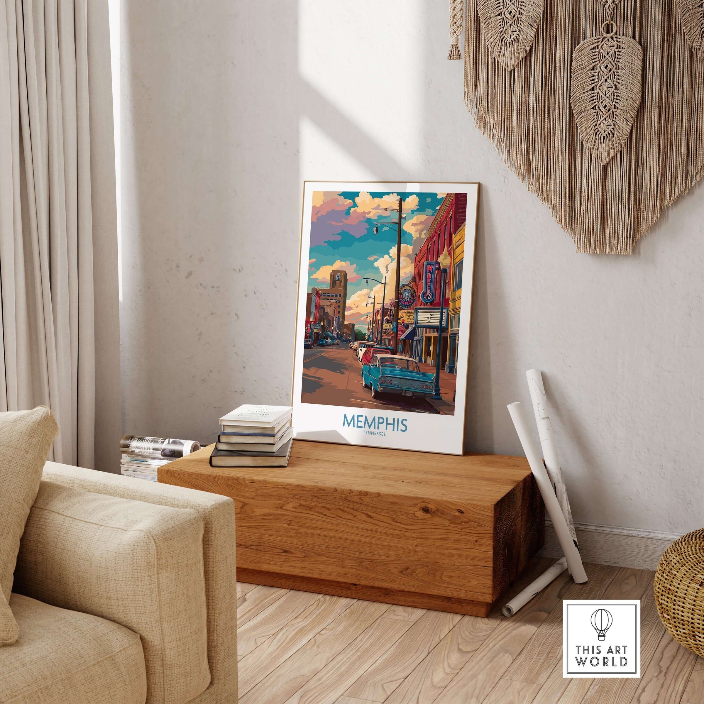 Memphis Tennessee Classic Americana Print - Southern City Decor showcasing vibrant street scene with retro car.