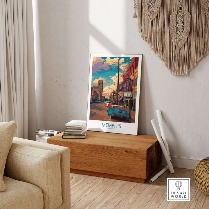 Memphis Tennessee Classic Americana Print showcasing Southern city charm and architecture in a stylish living room setting.