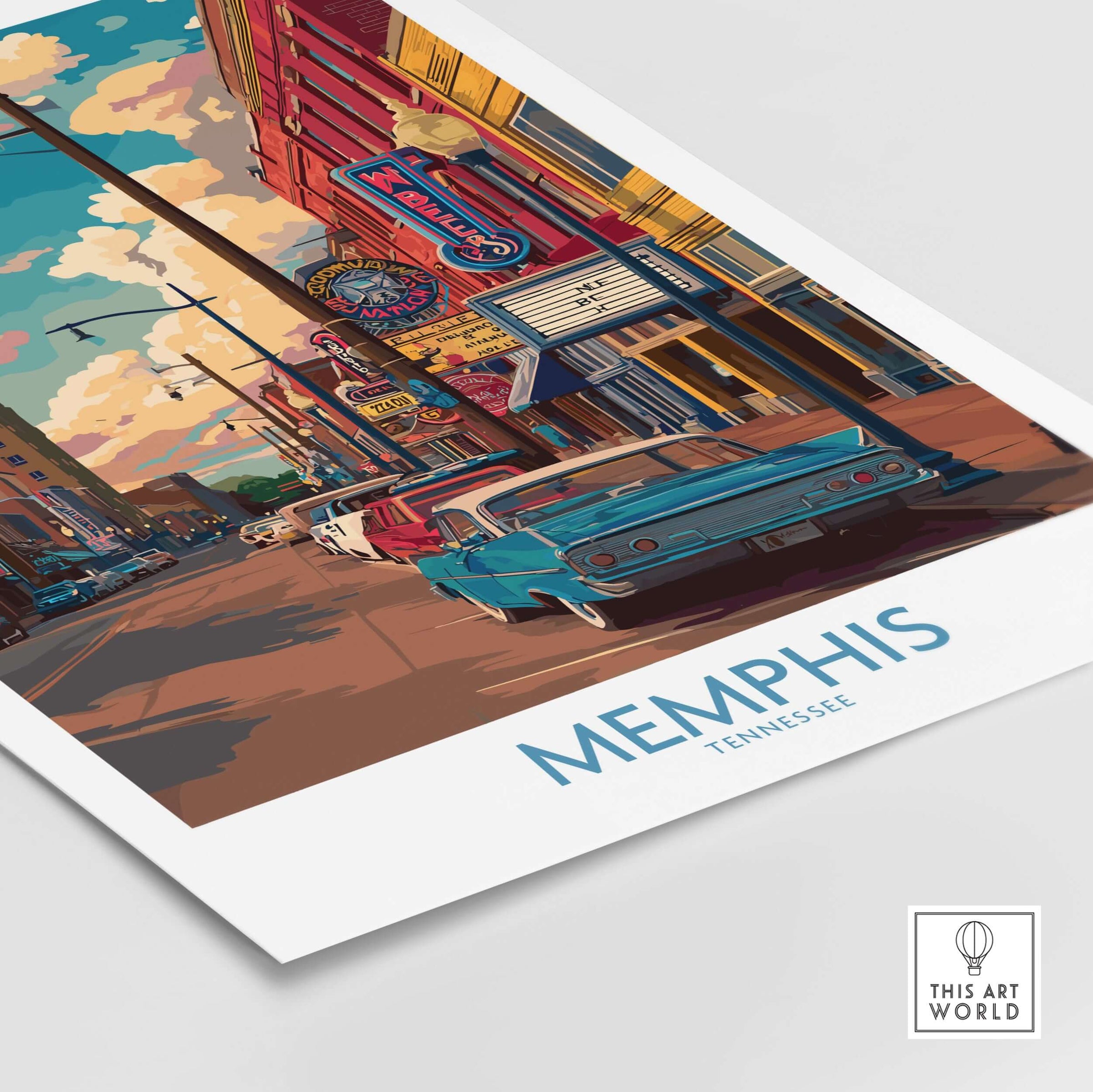 Memphis Tennessee Classic Americana Print - Southern City Decor showcasing vibrant street scene with vintage cars.