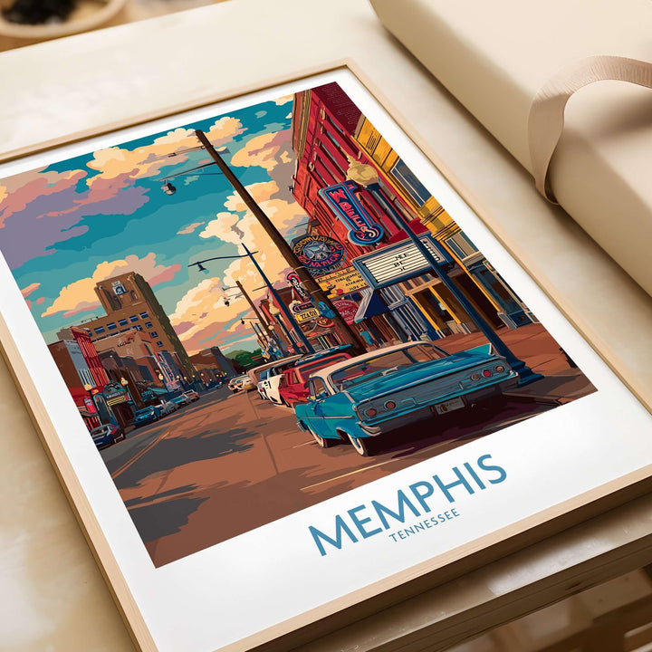 Memphis Tennessee classic Americana print featuring vibrant street scene with retro cars and architecture, framed decor