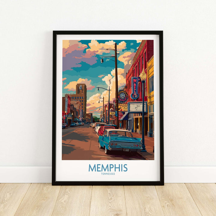 Memphis Tennessee classic Americana print showcasing vibrant street scene with vintage cars and colorful buildings.