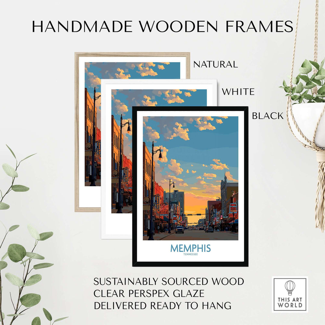 Handmade wooden frames in natural, white, and black for Memphis Tennessee poster, ready to hang, sustainably sourced wood.