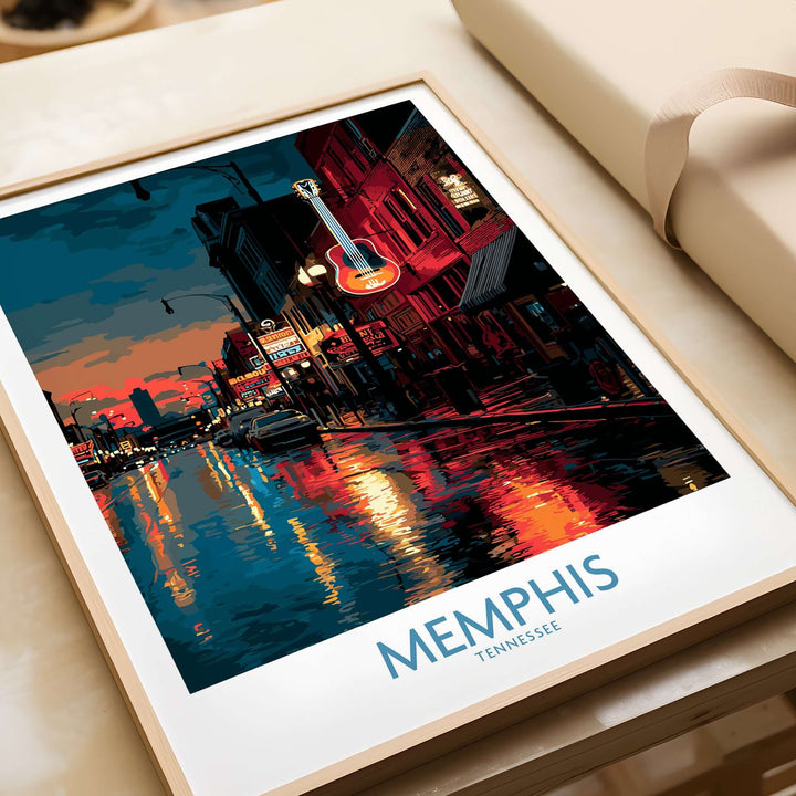 Vibrant Memphis Tennessee poster showcasing downtown nightlife with illuminated streets and a guitar motif.