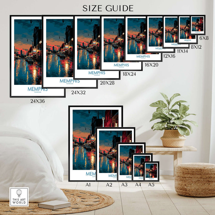 Memphis Tennessee poster size guide showcasing various sizes for Downtown Nightlife wall art in a stylish interior.