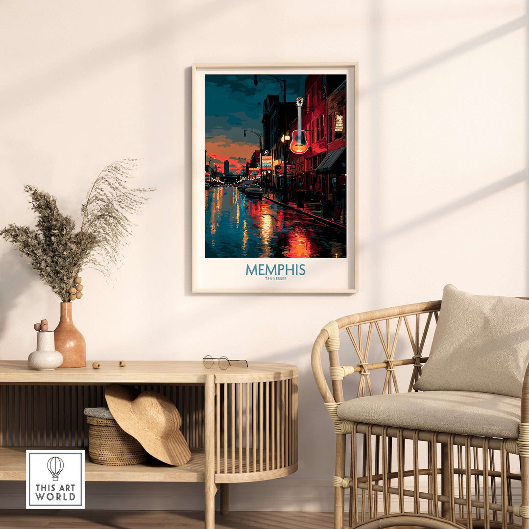 Memphis Tennessee poster showcasing downtown nightlife and vibrant cityscape, beautifully framed on a wall.