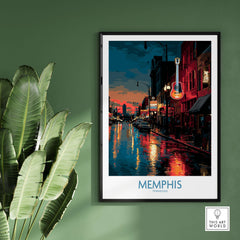 Memphis Tennessee Poster - Downtown Nightlife Wall Art - Memphis Tennessee displayed in a stylish frame on a green wall.