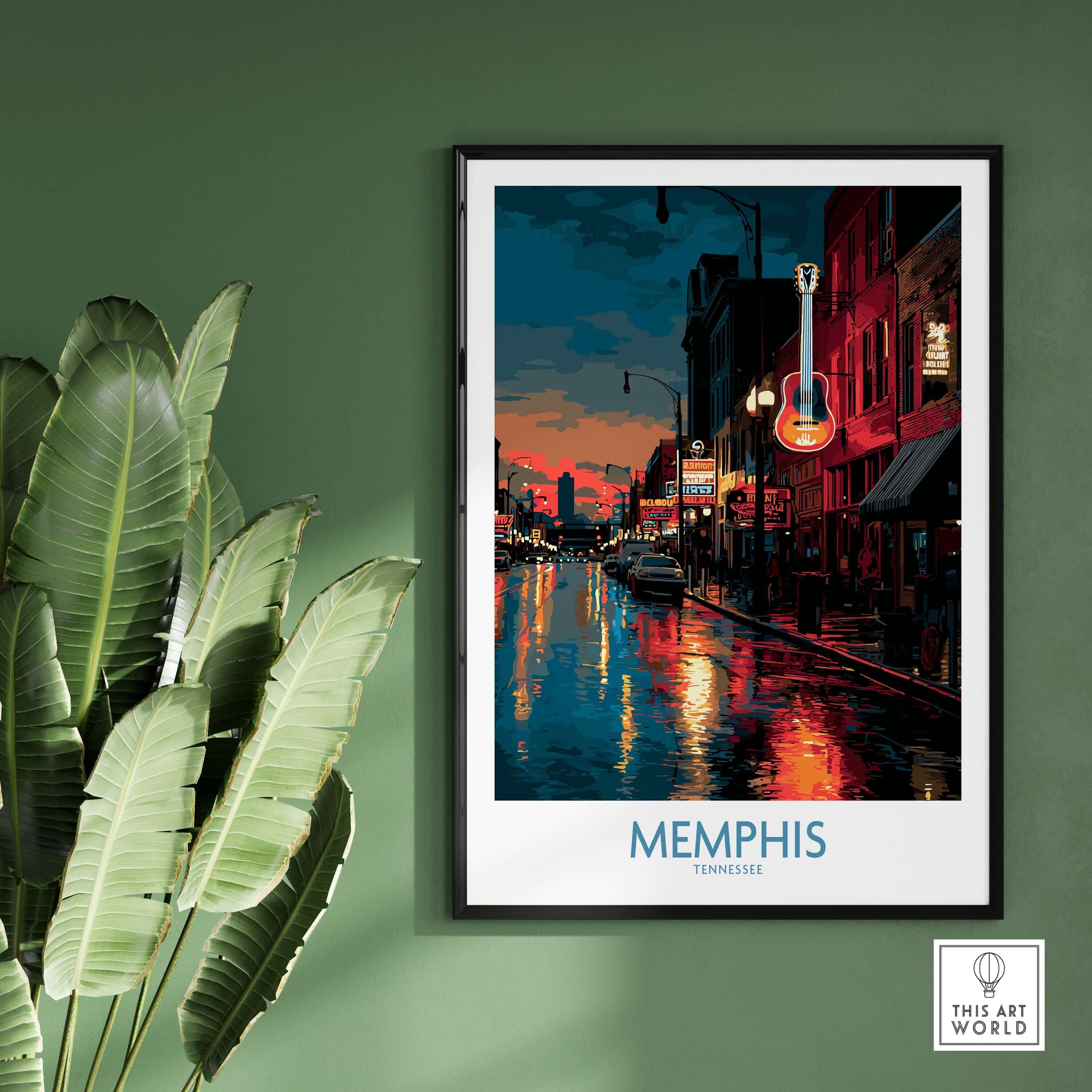 Memphis Tennessee Poster - Downtown Nightlife Wall Art - Memphis Tennessee displayed in a stylish frame on a green wall.