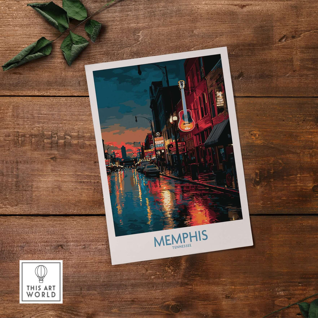 Memphis Tennessee poster featuring downtown nightlife with vibrant colors and reflections on wet streets.