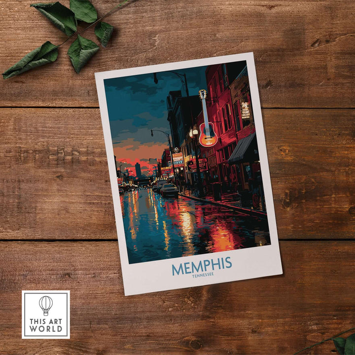 Memphis Tennessee poster featuring downtown nightlife with vibrant colors and reflections on wet streets.