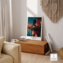 Memphis Tennessee Poster - Downtown Nightlife Wall Art - Memphis Tennessee displayed in a stylish living room setting.