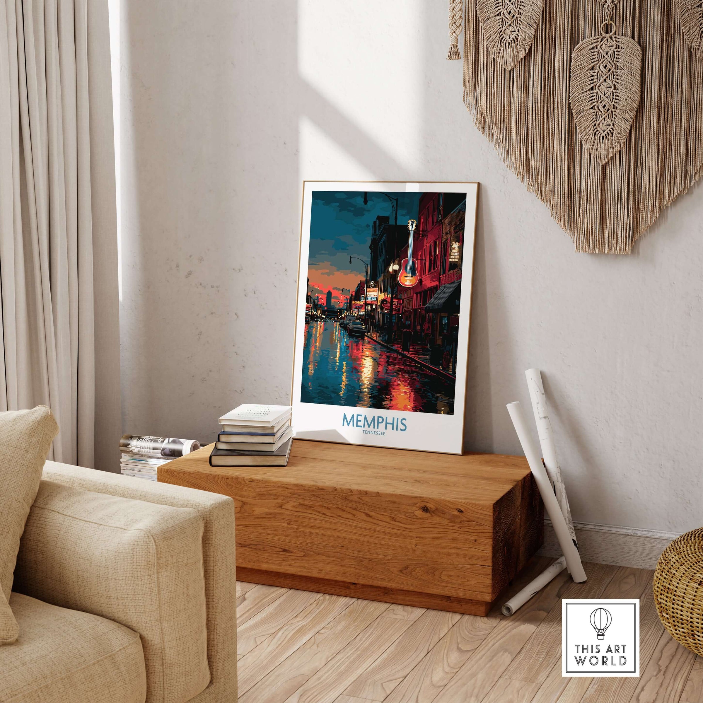 Memphis Tennessee Poster - Downtown Nightlife Wall Art - Memphis Tennessee displayed in a stylish living room setting.