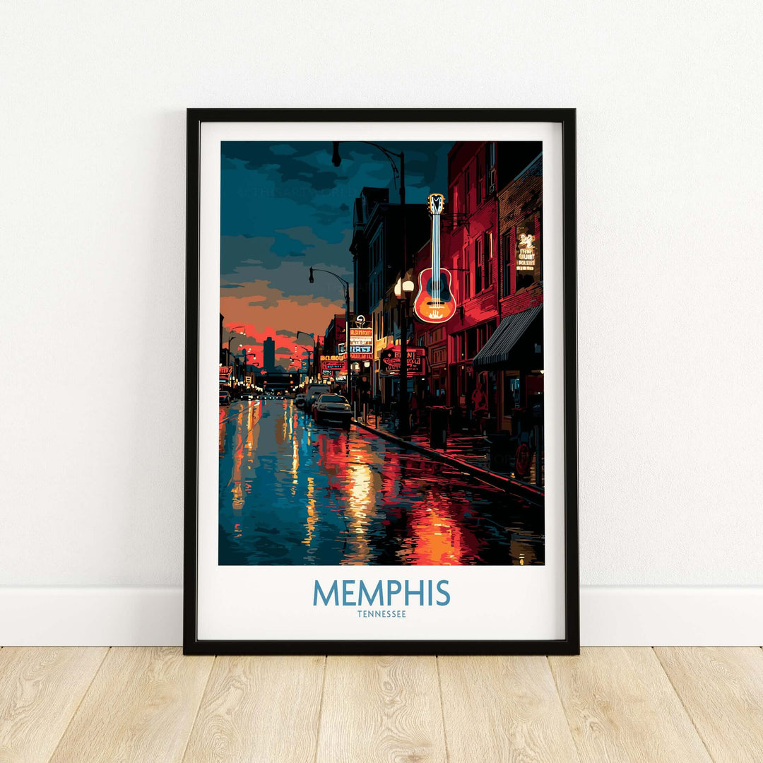 Memphis Tennessee poster showcasing downtown nightlife with vibrant colors and reflections on wet pavement.