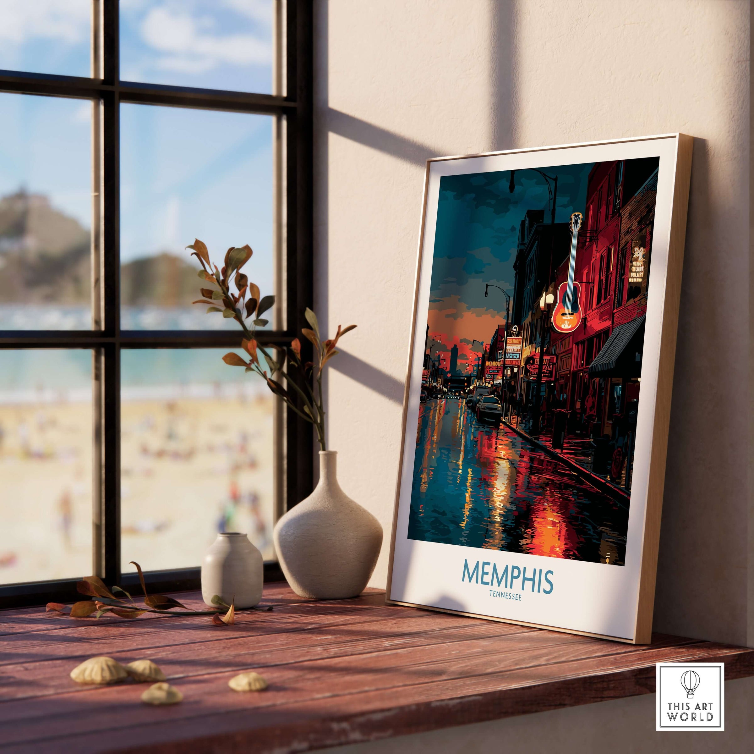 Memphis Tennessee Poster - Downtown Nightlife Wall Art - Memphis Tennessee displayed in a cozy interior setting.