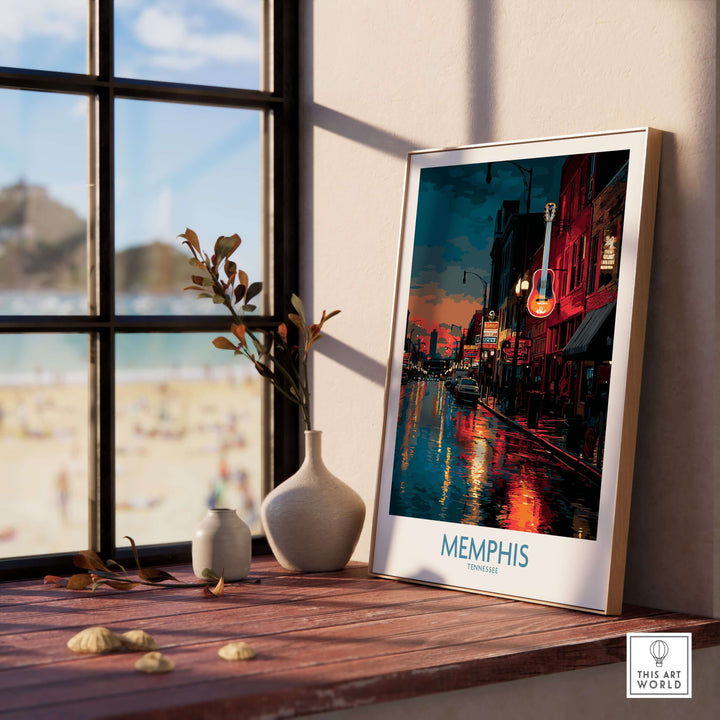 Colorful Memphis Tennessee poster showcasing downtown nightlife by a window, reflecting vibrant city lights.