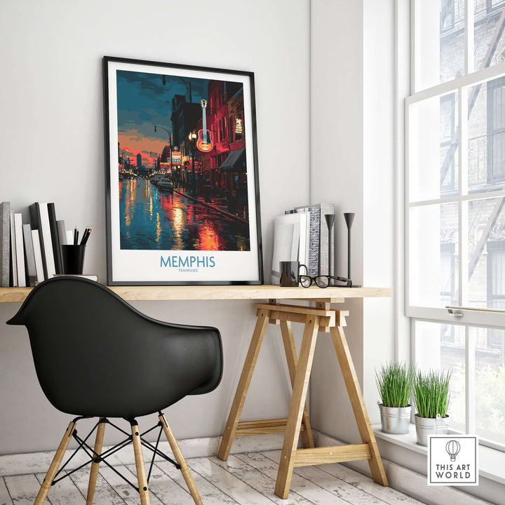 Framed Memphis Tennessee poster showcasing downtown nightlife on a stylish workspace desk.