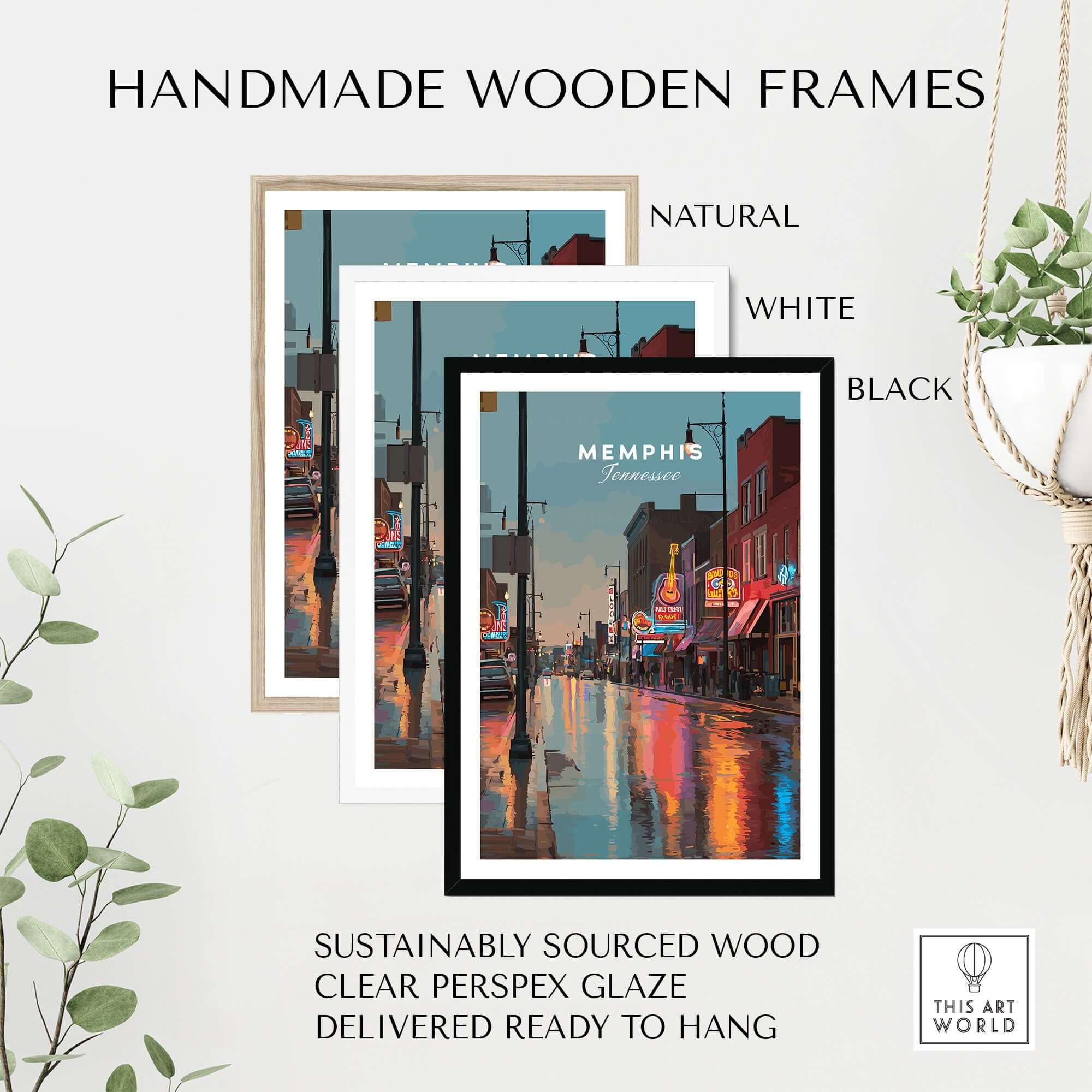 Memphis Tennessee Beale Street Dusk Poster - Music City Art Print displayed in handmade wooden frames in natural, white, and black.
